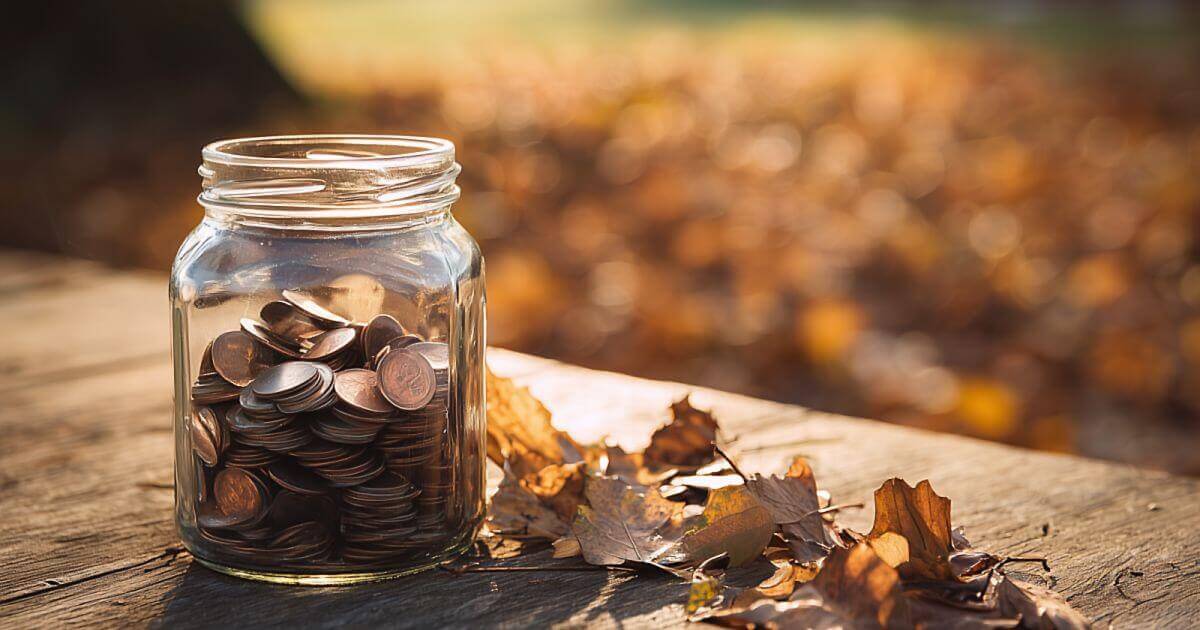 Kolikoita lasipurkissa syksyisessä säässä